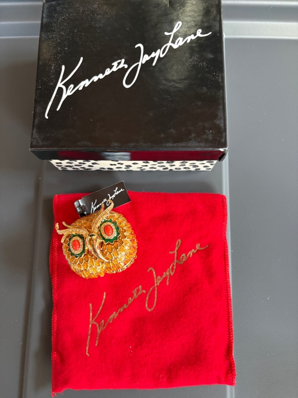 Kenneth Jay Lane Gold-Tone Owl Brooch with Green and Coral Accents